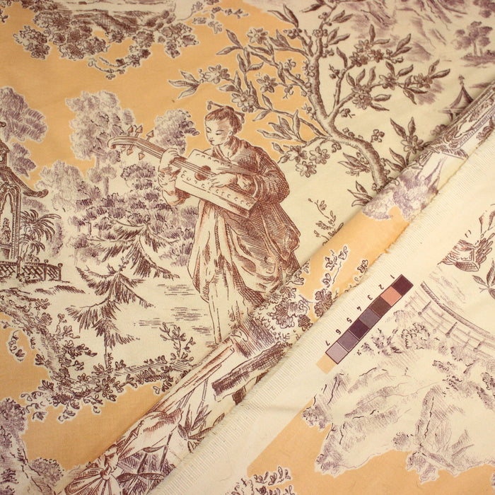 Tissu satin de coton ameublement, TOILE DE JOUY scène chinoise de Jean Pillement, INALTERA, fabriqué en Suisse - TissusPapi.com