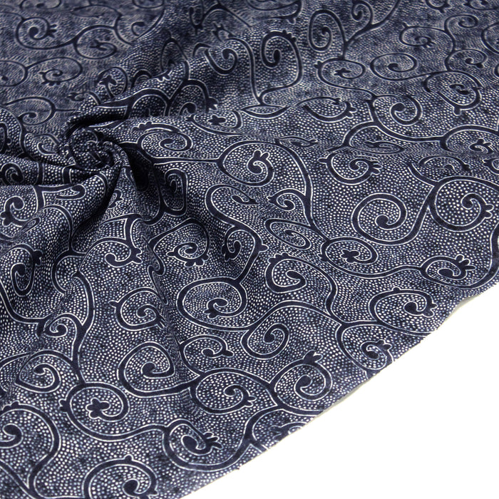 Tissu coton aux arabesques & pois, bleu & écru - OEKO-TEX - COLLECTION KALAMKARI