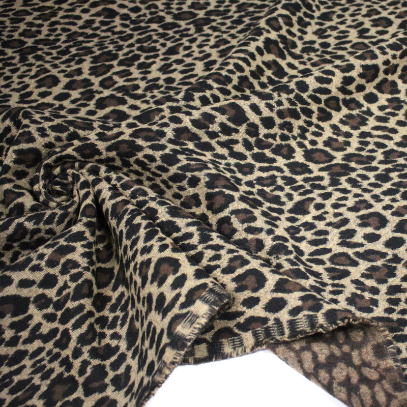 Tissu lainage motif léopard : grège & chocolat ou tout chocolat - EXCLUSIVITE FABRIQUEE EN ITALIE - TissusPapi.com