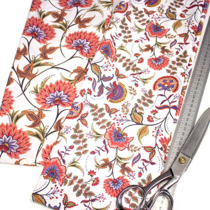 Tissu INDIENNES, cotonnade imprimée fleurie : deux motifs différents - OEKO-TEX STANDARD 100