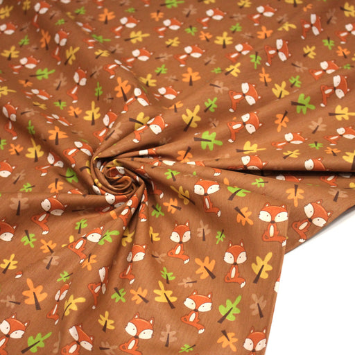 Tissu popeline coton rouille aux jolis renards et fleurs d'automne - TissusPapi.com