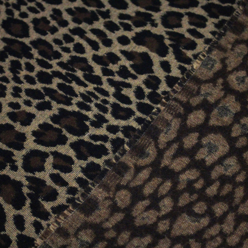 Tissu lainage motif léopard : grège & chocolat ou tout chocolat - EXCLUSIVITE FABRIQUEE EN ITALIE - TissusPapi.com
