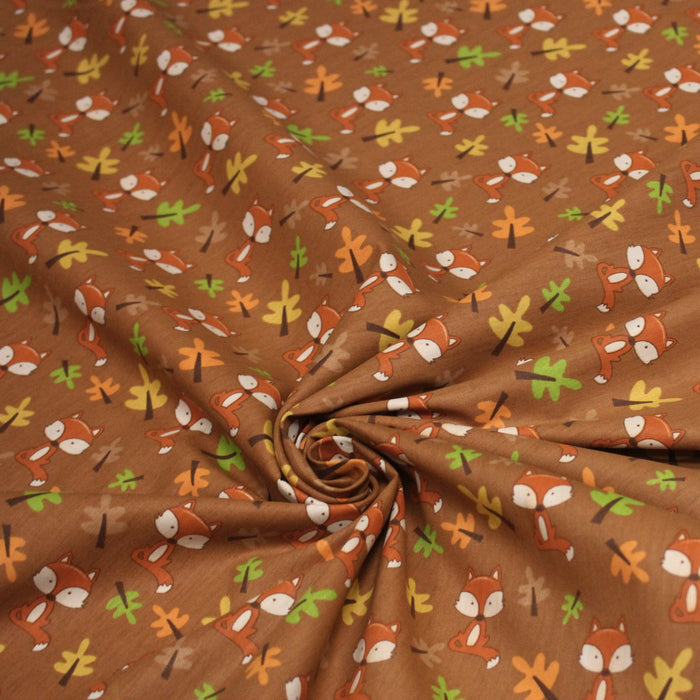 Tissu popeline coton rouille aux jolis renards et fleurs d'automne - TissusPapi.com