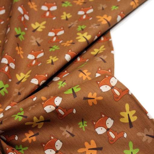 Tissu popeline coton rouille aux jolis renards et fleurs d'automne - TissusPapi.com