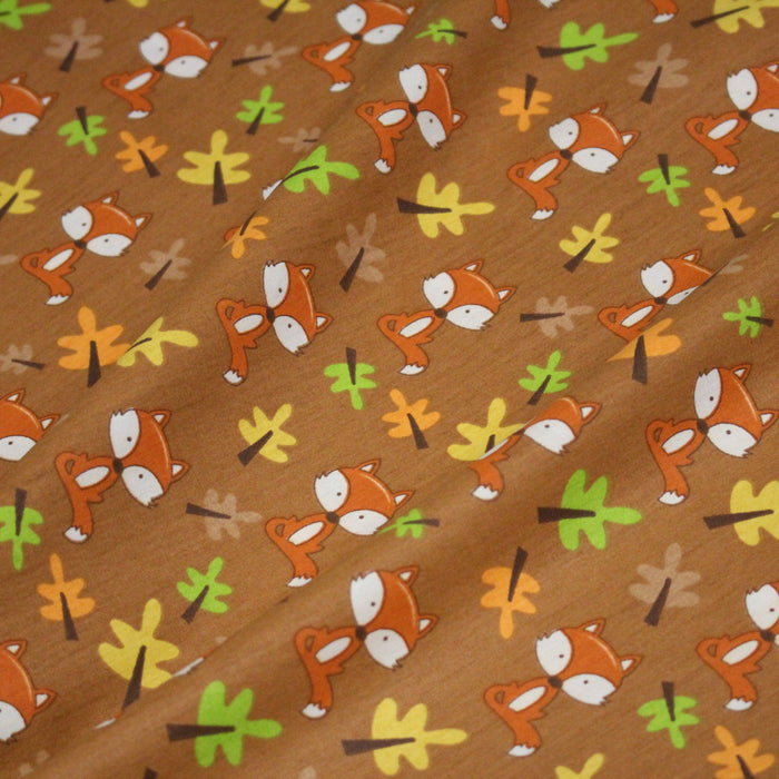 Tissu popeline coton rouille aux jolis renards et fleurs d'automne - TissusPapi.com