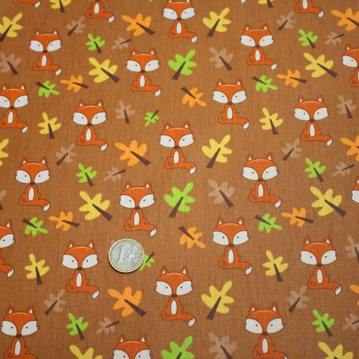 Tissu popeline coton rouille aux jolis renards et fleurs d'automne - TissusPapi.com