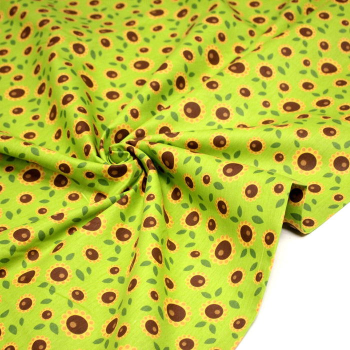 Tissu popeline coton vert aux tournesols jaunes & feuilles vertes - TissusPapi.com