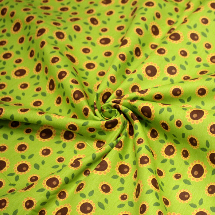 Tissu popeline coton vert aux tournesols jaunes & feuilles vertes - TissusPapi.com