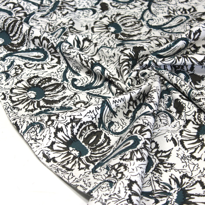 Tissu demi natté coton aux motifs fleuris vert kaki & vert canard - COLLECTION KALAMKARI