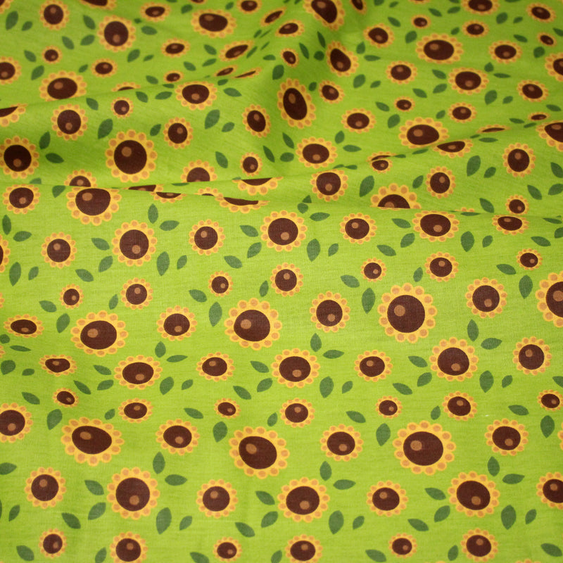 Tissu popeline coton vert aux tournesols jaunes & feuilles vertes - TissusPapi.com