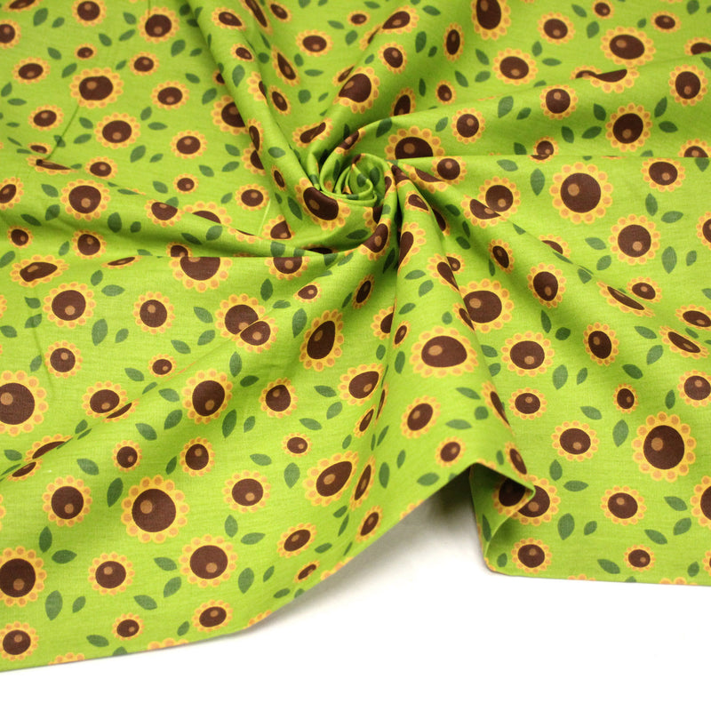 Tissu popeline coton vert aux tournesols jaunes & feuilles vertes - TissusPapi.com