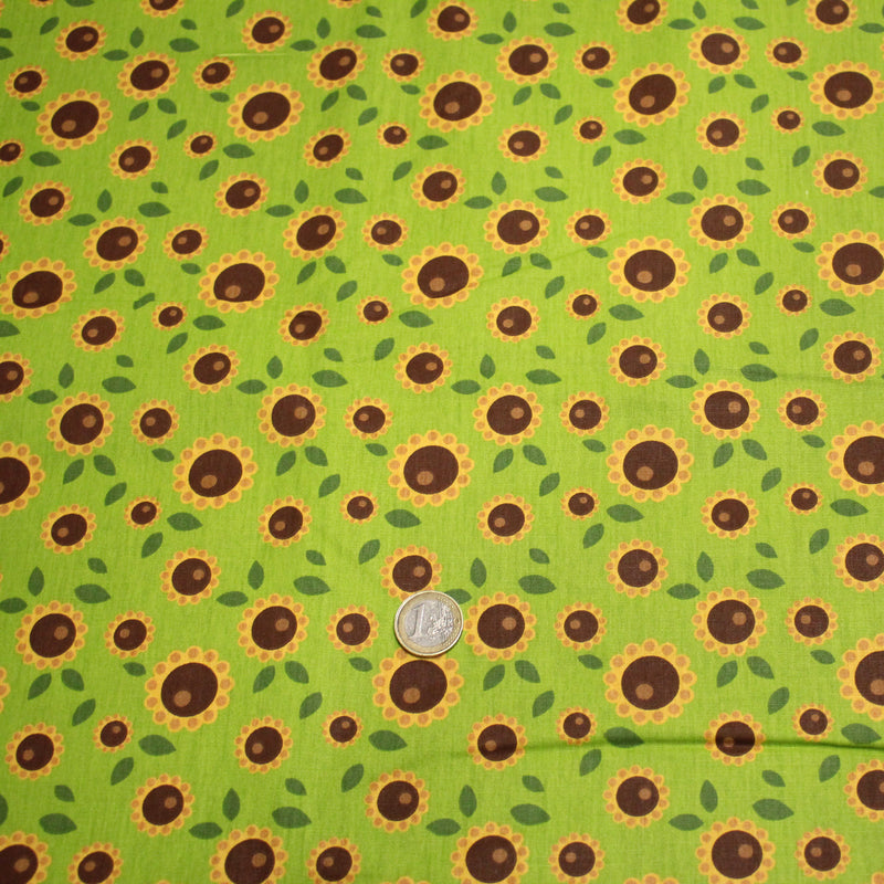 Tissu popeline coton vert aux tournesols jaunes & feuilles vertes - TissusPapi.com