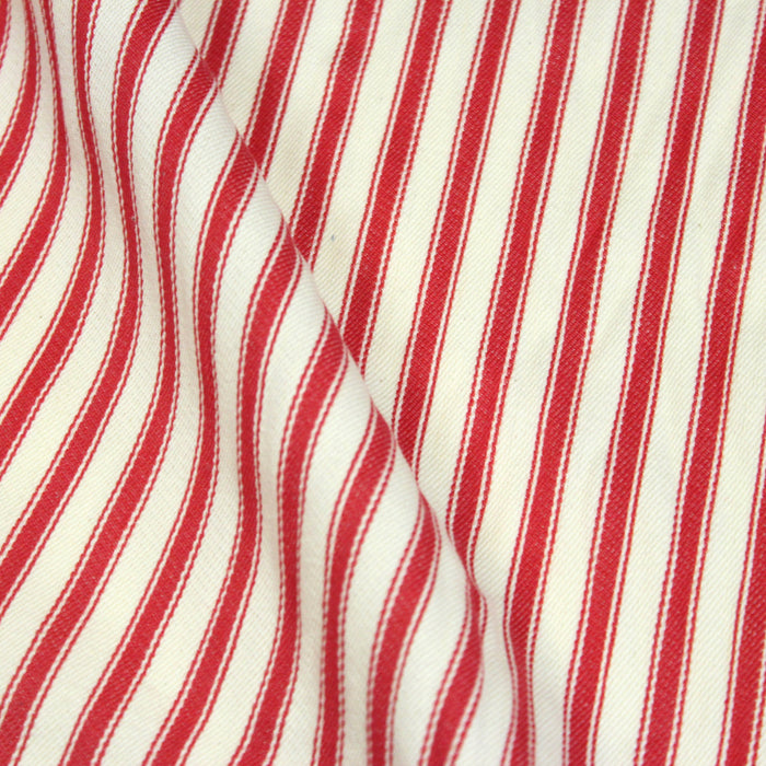Tissu toile à matelas de coton CARNAC aux rayures rouges, fond écru