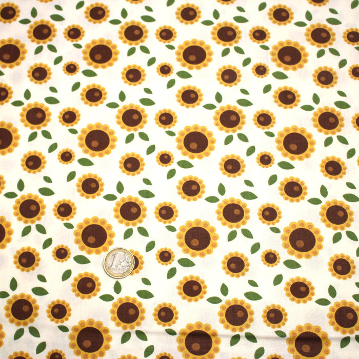 Tissu popeline coton blanc aux tournesols jaunes & feuilles vertes - TissusPapi.com