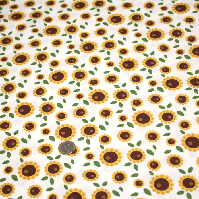 Tissu popeline coton blanc aux tournesols jaunes & feuilles vertes - TissusPapi.com