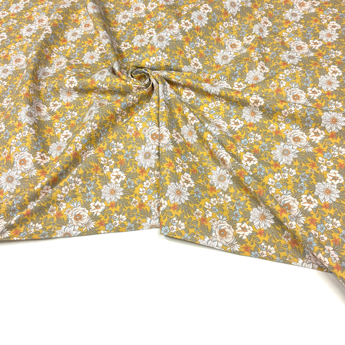 Tissu cotonnade fleuri seventies jaune & blanc, collection LOLITA - OEKO-TEX