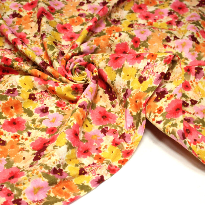 Tissu double gaze imprimée fleuri rose et jaune - OEKO - TEX STANDARD 100 - TissusPapi.com
