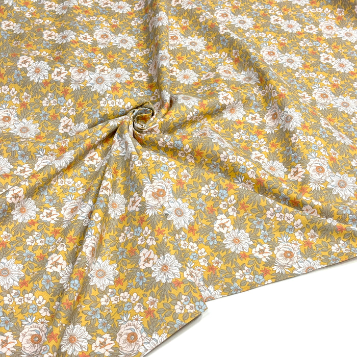 Tissu cotonnade fleuri seventies jaune & blanc, collection LOLITA - OEKO-TEX