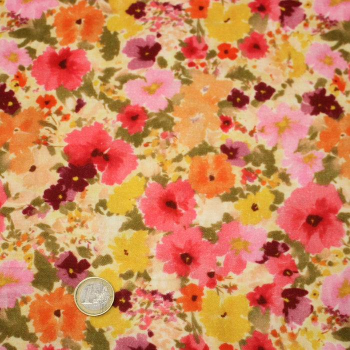 Tissu double gaze imprimée fleuri rose et jaune - OEKO - TEX STANDARD 100 - TissusPapi.com