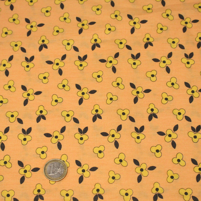 Tissu popeline coton corail aux fleurs graphiques jaunes - TissusPapi.com