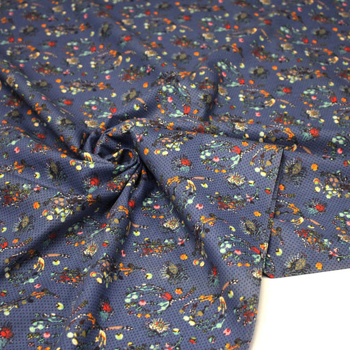 Tissu popeline coton bleu aux fins pois noirs et fines fleurs multicolores - TissusPapi.com
