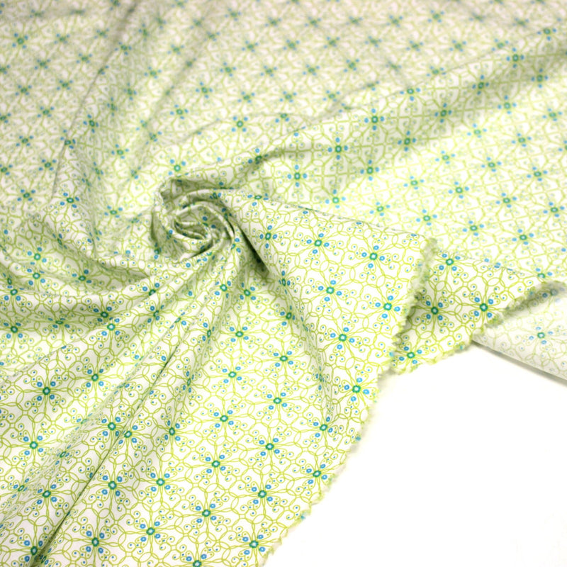 Tissu popeline ART NOUVEAU, fin motif géométrique floral bleu & vert - TissusPapi.com