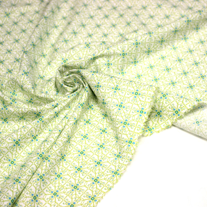 Tissu popeline ART NOUVEAU, fin motif géométrique floral bleu & vert