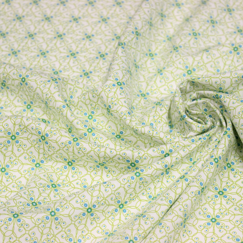 Tissu popeline ART NOUVEAU, fin motif géométrique floral bleu & vert - TissusPapi.com