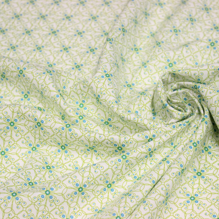 Tissu popeline ART NOUVEAU, fin motif géométrique floral bleu & vert
