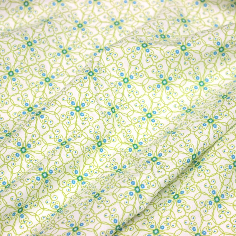 Tissu popeline ART NOUVEAU, fin motif géométrique floral bleu & vert - TissusPapi.com
