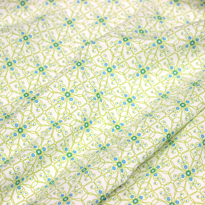 Tissu popeline ART NOUVEAU, fin motif géométrique floral bleu & vert