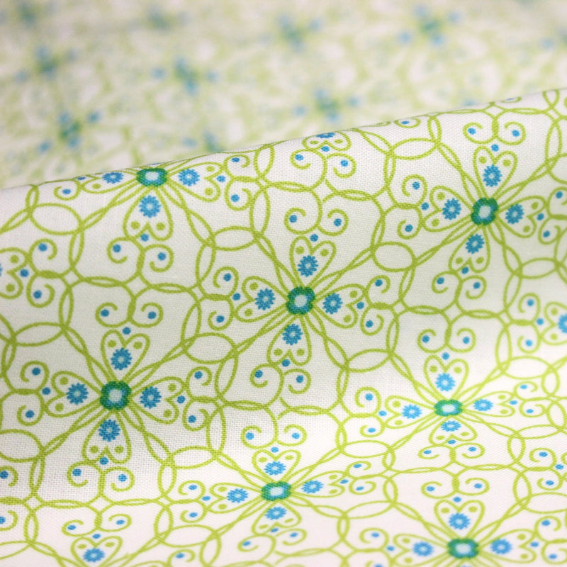 Tissu popeline ART NOUVEAU, fin motif géométrique floral bleu & vert - TissusPapi.com