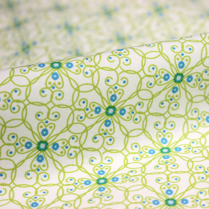 Tissu popeline ART NOUVEAU, fin motif géométrique floral bleu & vert