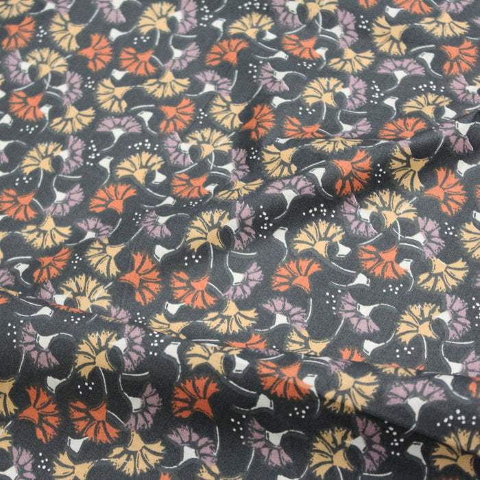 Tissu de coton fleuri indien gris aux fleurs rouille, ocres, et parme - COLLECTION KALAMKARI - OEKO-TEX®