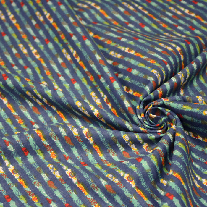 Tissu popeline coton rayures bleues et fines fleurs multicolores - TissusPapi.com