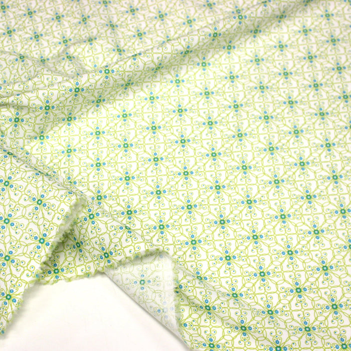 Tissu popeline ART NOUVEAU, fin motif géométrique floral bleu & vert