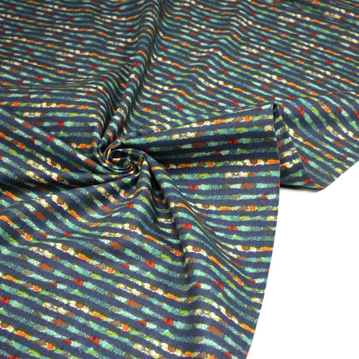 Tissu popeline coton rayures bleues et fines fleurs multicolores - TissusPapi.com