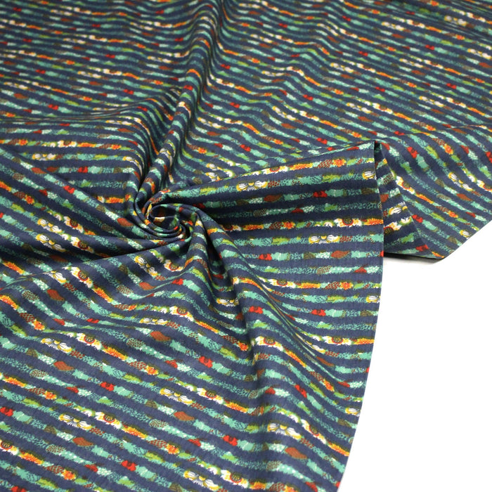 Tissu popeline coton rayures bleues et fines fleurs multicolores - TissusPapi.com