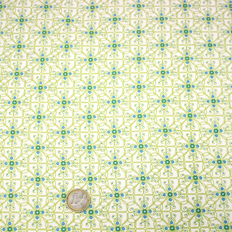 Tissu popeline ART NOUVEAU, fin motif géométrique floral bleu & vert - TissusPapi.com