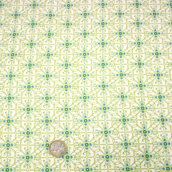 Tissu popeline ART NOUVEAU, fin motif géométrique floral bleu & vert