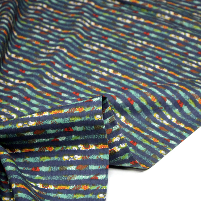 Tissu popeline coton rayures bleues et fines fleurs multicolores - TissusPapi.com