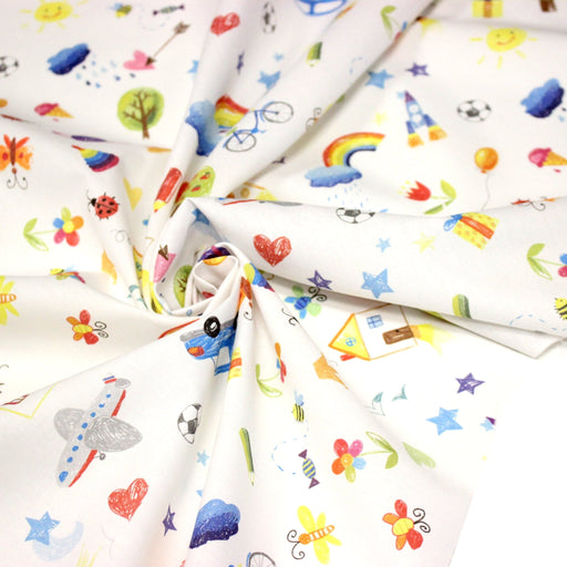 Tissu cotonnade aux DESSINS D'ENFANT multicolores, fond blanc - TissusPapi.com