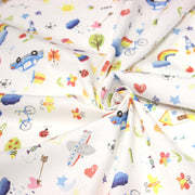 Tissu cotonnade aux DESSINS D'ENFANT multicolores, fond blanc - TissusPapi.com
