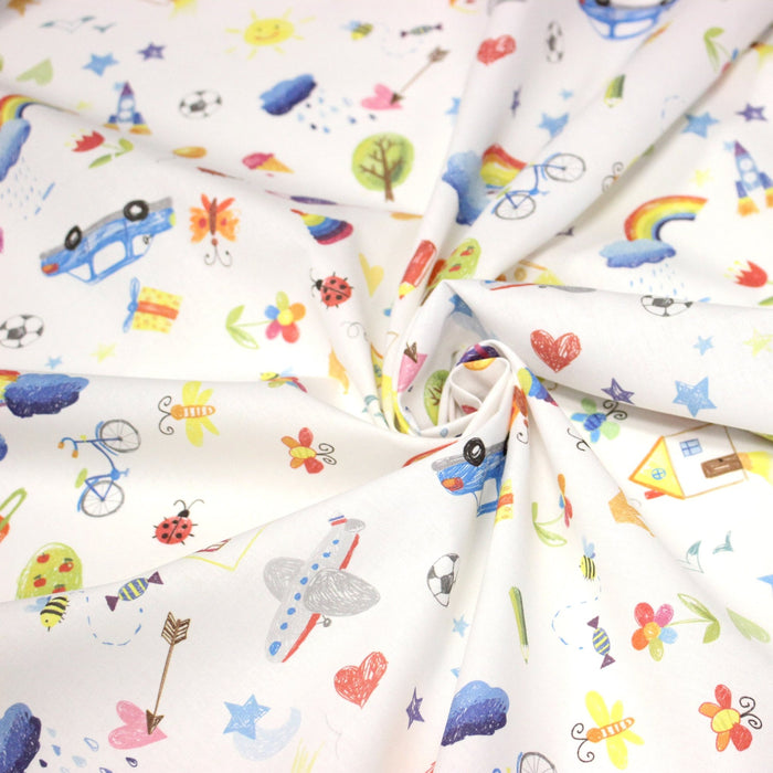 Tissu cotonnade aux DESSINS D'ENFANT multicolores, fond blanc - TissusPapi.com