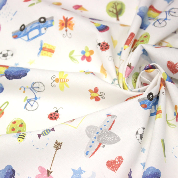 Tissu cotonnade aux DESSINS D'ENFANT multicolores, fond blanc - TissusPapi.com