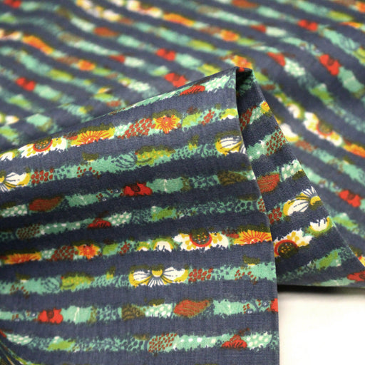 Tissu popeline coton rayures bleues et fines fleurs multicolores - TissusPapi.com