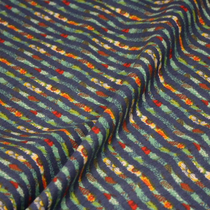 Tissu popeline coton rayures bleues et fines fleurs multicolores - TissusPapi.com