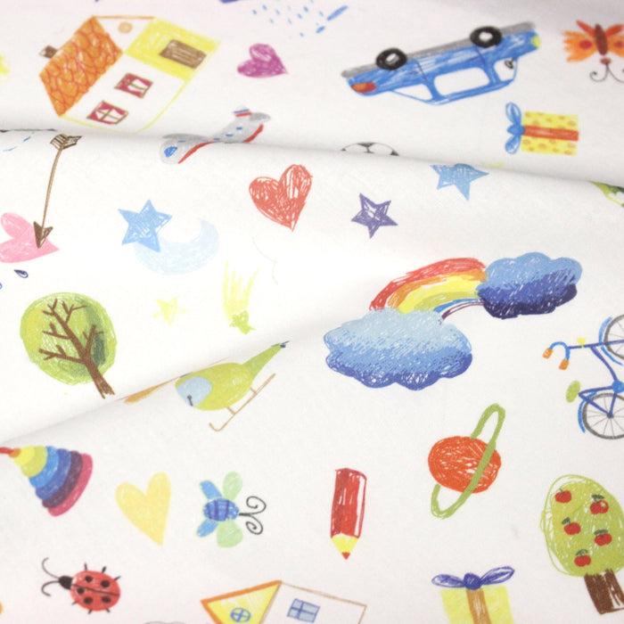 Tissu cotonnade aux DESSINS D'ENFANT multicolores, fond blanc - TissusPapi.com