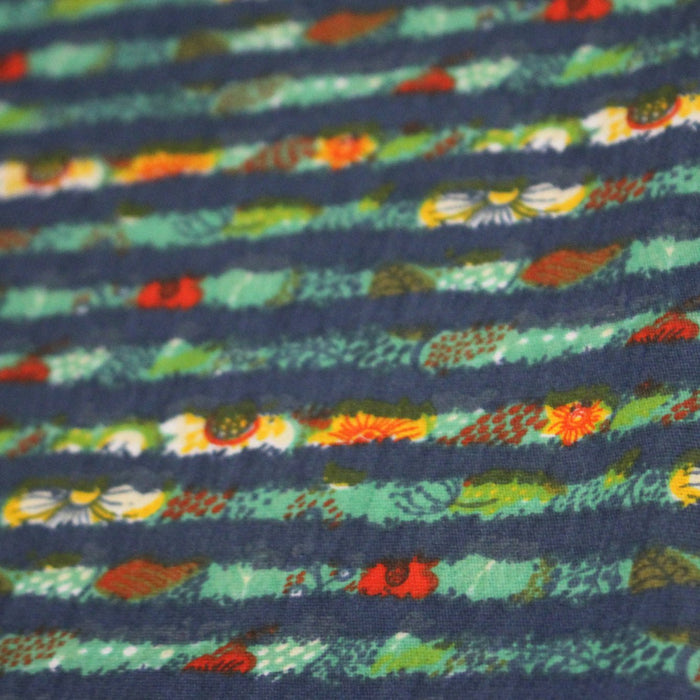 Tissu popeline coton rayures bleues et fines fleurs multicolores - TissusPapi.com