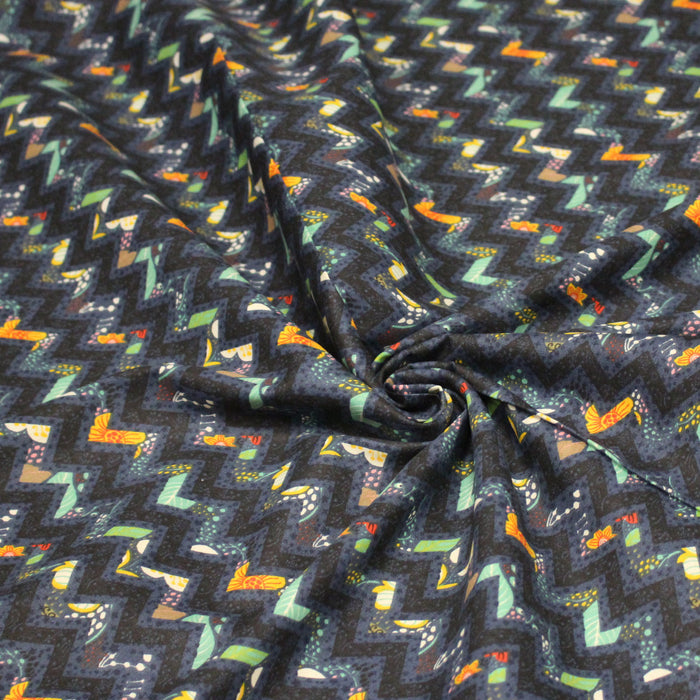 Tissu popeline coton zig zag bleu, noir et fines fleurs multicolores - TissusPapi.com